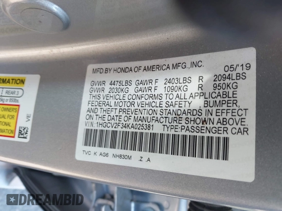 2019 Honda Accord Sport z VIN 1HGCV2F34KA025381, wystawiony jako IAAI lot #41453019 z przebiegiem 107 889 mil mil oraz . Historia ofert i sprzedaży dostępna na DreamBid. Obrazek 9.