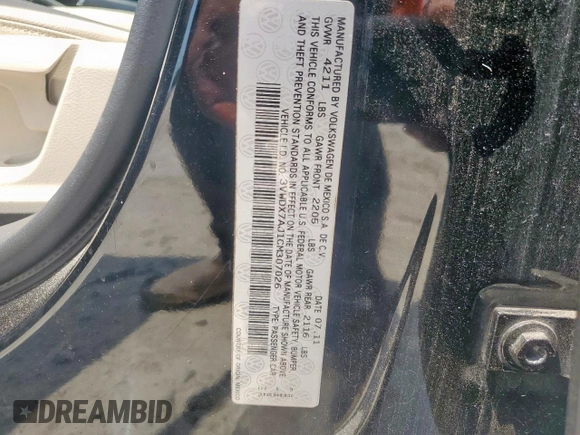 2012 Volkswagen Jetta SE with VIN 3VWDX7AJ1CM307026, listed as a Copart auction lot 57029175 with 109,255 mi miles and Salvage title. Bid and sale history available at DreamBid. Image 12.