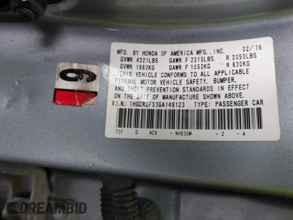 2016 Honda Accord Sport with VIN 1HGCR2F53GA149123, listed as a IAAI auction lot 42254191 with 147,971 mi miles and . Bid and sale history available at DreamBid. Image 9.