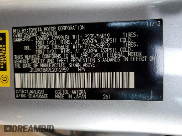 2014 Lexus RX 350 z VIN JTJZK1BA9E2012959, wystawiony jako Copart lot #56993625 z przebiegiem 47 411 mil mil oraz Szkoda całkowita • Salvage title. Historia ofert i sprzedaży dostępna na DreamBid. Obrazek 13.