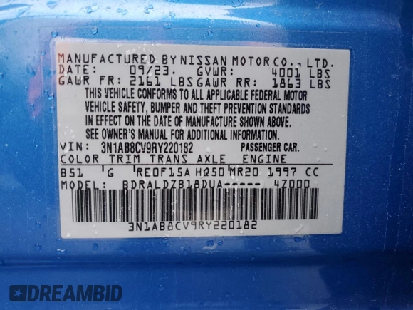 2024 Nissan Sentra SV with VIN 3N1AB8CV9RY220182, listed as a Copart auction lot 48985185 with 37,616 mi miles and Salvage Title. Bid and sale history available at DreamBid. Image 14.