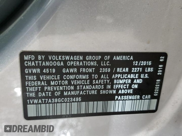 2016 Volkswagen Passat 1.8T S with VIN 1VWAT7A38GC023495, listed as a Copart auction lot 85768434 with 59,872 mi miles and Salvage Title. Bid and sale history available at carsss.com. Image 14.