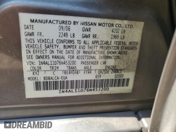 2006 Nissan Altima S with VIN 1N4AL11D76N453200, listed as a Copart auction lot 60718525 with 164,698 mi miles and Salvage title. Bid and sale history available at DreamBid. Image 13.