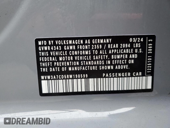 2024 Volkswagen GTI SE с VIN WVW3A7CD5RW198599, выставлен на аукционе Copart как лот 77310874 с пробегом 2 300 миль миль и Списание • Salvage title. История ставок и продаж доступна на DreamBid. Изображение 15.