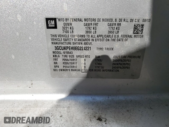2014 Chevrolet Silverado 1500 Work Truck with VIN 3GCUKPEH8EG224221, listed as a Copart auction lot 50973775 with 188,961 mi miles and Salvage Title. Bid and sale history available at DreamBid. Image 12.