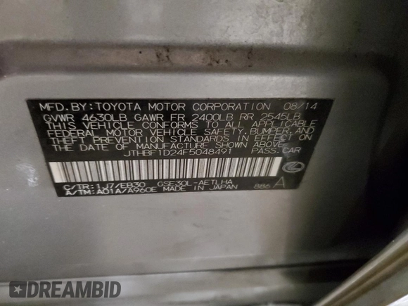 2015 Lexus IS 250 with VIN JTHBF1D24F5048491, listed as a Copart auction lot 45136665 with 129,221 mi miles and Salvage Title. Bid and sale history available at DreamBid. Image 12.