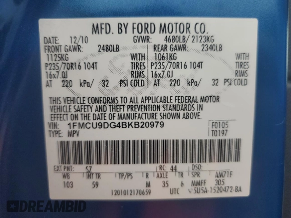 2011 Ford Escape XLT z VIN 1FMCU9DG4BKB20979, wystawiony jako Copart lot #64101215 z przebiegiem 213 244 mil mil oraz Szkoda całkowita • Salvage title. Historia ofert i sprzedaży dostępna na DreamBid. Obrazek 13.