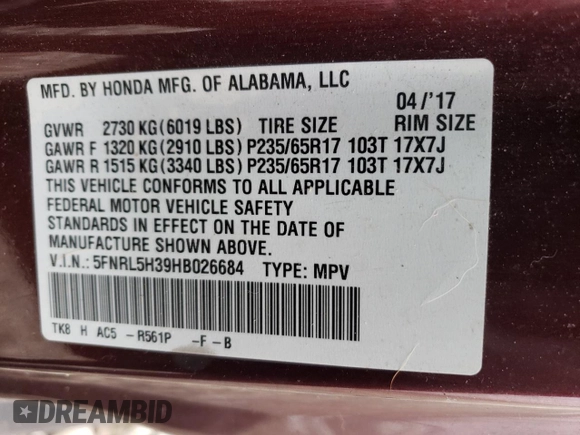 2017 Honda Odyssey SE with VIN 5FNRL5H39HB026684, listed as a Copart auction lot 46388465 with 176,311 mi miles and Non Repairable. Bid and sale history available at carsss.com. Image 15.