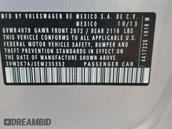 2014 Volkswagen Jetta S with VIN 3VW2K7AJ3EM235352, listed as a Copart auction lot 66446465 with 206,096 mi miles and Clean title. Bid and sale history available at DreamBid. Image 12.