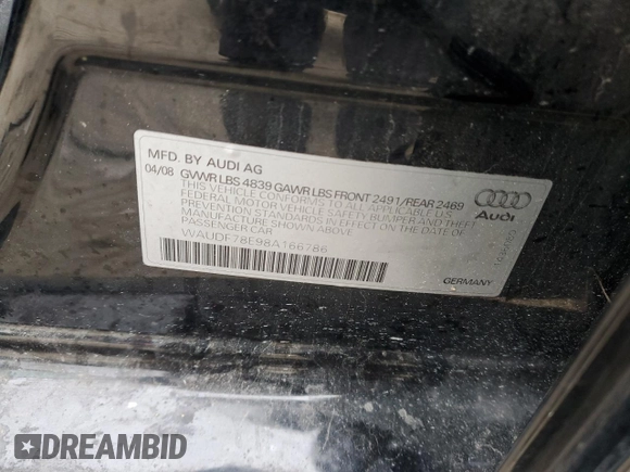 2008 Audi A4 2.0T with VIN WAUDF78E98A166786, listed as a Copart auction lot 84434984 with 182,093 mi miles and Salvage title. Bid and sale history available at DreamBid. Image 12.