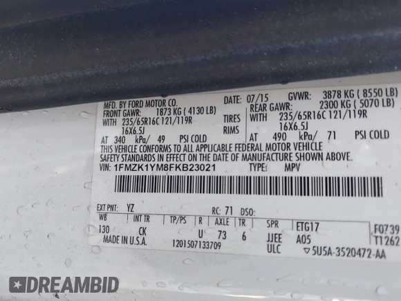 2015 Ford Transit XL with VIN 1FMZK1YM8FKB23021, listed as a IAAI auction lot 41851453 with Not Provided miles. Bid and sale history available at carsss.com. Image 9.