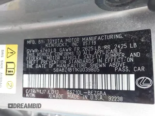 2019 Lexus ES 350 with VIN 58ABZ1B11KU039805, listed as a IAAI auction lot 42710663 with 52,565 mi miles and . Bid and sale history available at DreamBid. Image 9.