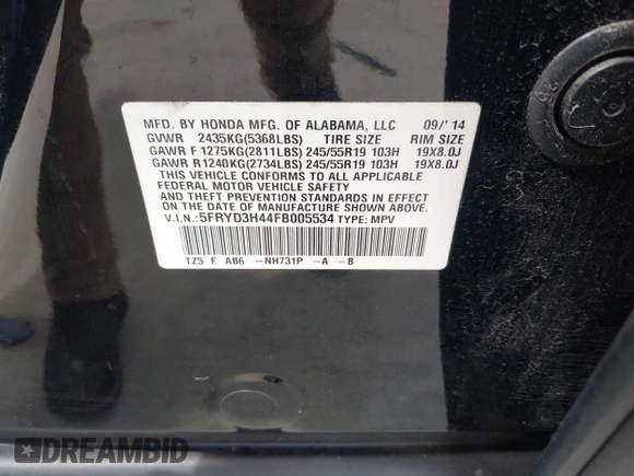 2015 Acura MDX Technology with VIN 5FRYD3H44FB005534, listed as a IAAI auction lot 42107208 with 56,347 mi miles and . Bid and sale history available at DreamBid. Image 9.