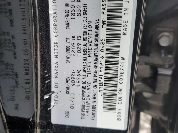 2023 Mazda 3 S Preferred with VIN JM1BPALM1P1610485, listed as a Copart auction lot 47195875 with 45,985 mi miles and Salvage Title. Bid and sale history available at DreamBid. Image 14.