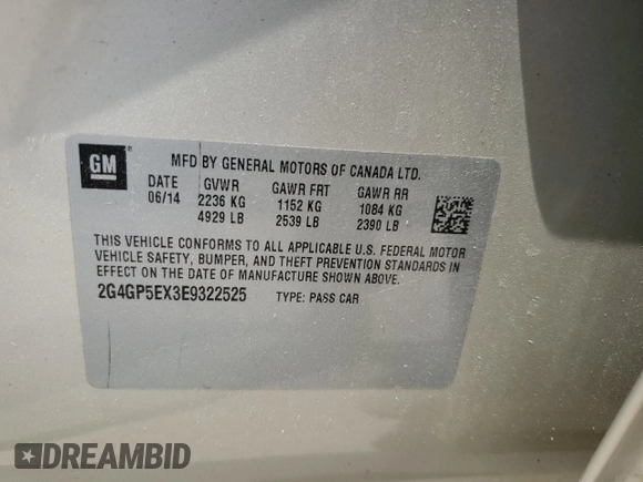 2014 Buick Regal Premium I with VIN 2G4GP5EX3E9322525, listed as a Copart auction lot 60653634 with 106,349 mi miles and Salvage Title. Bid and sale history available at DreamBid. Image 12.