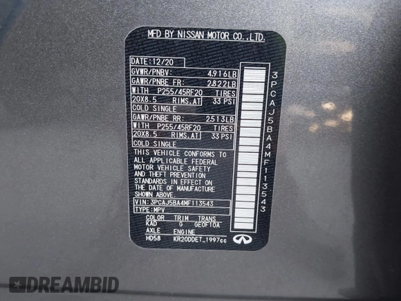 2021 Infiniti QX50 Luxe с VIN 3PCAJ5BA4MF113543, выставлен на аукционе IAAI как лот 42460355 с пробегом 37 999 миль миль и . История ставок и продаж доступна на DreamBid. Изображение 9.