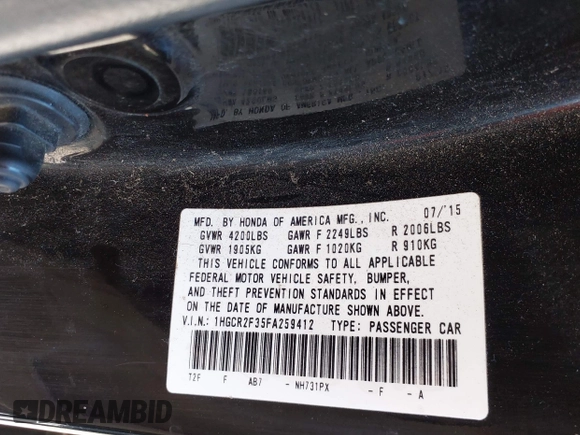 2015 Honda Accord LX with VIN 1HGCR2F35FA259412, listed as a IAAI auction lot 42232186 with 128,670 mi miles and . Bid and sale history available at DreamBid. Image 9.
