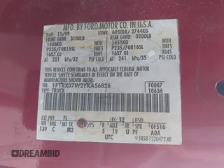 2000 Ford F-150 z VIN 1FTRX07W2YKA56826, wystawiony jako IAAI lot #41527865 z przebiegiem Nie podano mil oraz . Historia ofert i sprzedaży dostępna na DreamBid. Obrazek 9.