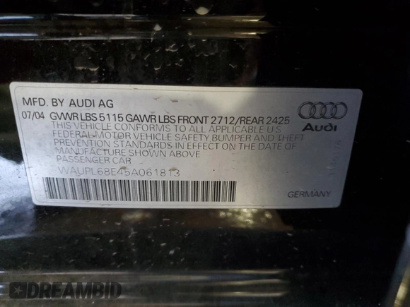 2005 Audi S4 z VIN WAUPL68E45A061813, wystawiony jako Copart lot #73425354 z przebiegiem 108 149 mil mil oraz Szkody całkowita. Historia ofert i sprzedaży dostępna na DreamBid. Obrazek 12.