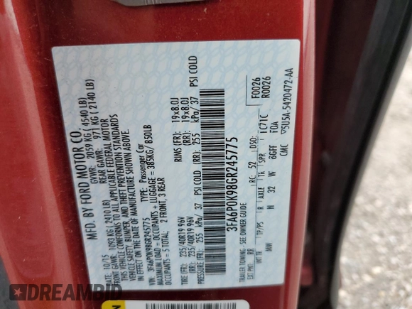 2016 Ford Fusion Titanium with VIN 3FA6P0K98GR245775, listed as a Copart auction lot 54717845 with 118,906 mi miles and Clean Title. Bid and sale history available at carsss.com. Image 12.