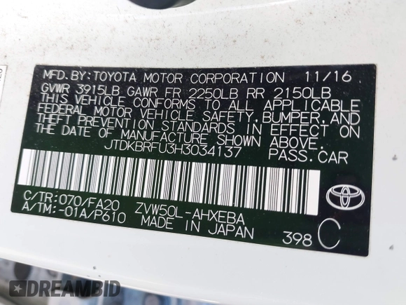 2017 Toyota Prius Two z VIN JTDKBRFU3H3034137, wystawiony jako IAAI lot #41851134 z przebiegiem 208 274 mil mil oraz . Historia ofert i sprzedaży dostępna na DreamBid. Obrazek 9.