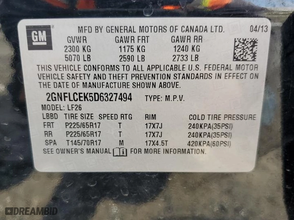 2013 Chevrolet Equinox LS with VIN 2GNFLCEK5D6327494, listed as a Copart auction lot 52021555 with 127,239 mi miles and Clean Title. Bid and sale history available at carsss.com. Image 13.