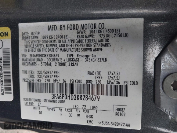 2019 Ford Fusion SE with VIN 3FA6P0HD3KR284679, listed as a IAAI auction lot 41925937 with 67,058 mi miles. Bid and sale history available at carsss.com. Image 9.