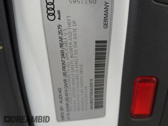 2019 Audi A5 Sportback Premium Plus with VIN WAUBNCF5XKA030616, listed as a Copart auction lot 46519295 with 96,584 mi miles and Salvage Title. Bid and sale history available at carsss.com. Image 12.
