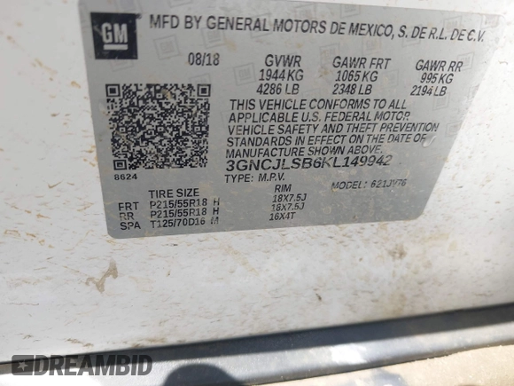 2019 Chevrolet Trax LT z VIN 3GNCJLSB6KL149942, wystawiony jako IAAI lot #42013676 z przebiegiem 116 452 mil mil oraz . Historia ofert i sprzedaży dostępna na DreamBid. Obrazek 9.