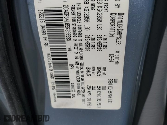 2005 Chrysler Town & Country Touring with VIN 2C4GP54L85R390595, listed as a Copart auction lot 53568185 with 177,250 mi miles and Salvage Title. Bid and sale history available at carsss.com. Image 13.