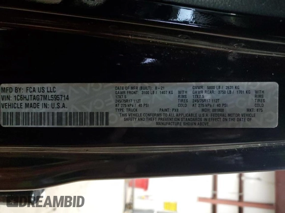 2021 Jeep Gladiator Willys with VIN 1C6HJTAG7ML595714, listed as a Copart auction lot 47096425 with 90,728 mi miles and Salvage Title. Bid and sale history available at carsss.com. Image 14.