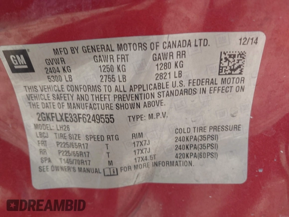 2015 GMC Terrain SLT with VIN 2GKFLXE33F6249555, listed as a IAAI auction lot 40096360 with 143,358 mi miles and . Bid and sale history available at DreamBid. Image 9.