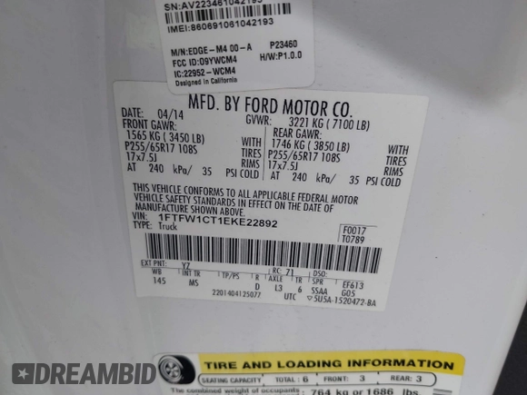 2014 Ford F-150 XL with VIN 1FTFW1CT1EKE22892, listed as a IAAI auction lot 42172851 with 14,203 mi miles and . Bid and sale history available at DreamBid. Image 9.