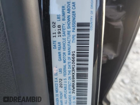 2003 Volkswagen Jetta GL с VIN 3VWRK69MX3M106691, выставлен на аукционе Copart как лот 50765595 с пробегом 140 961 миль миль и Списание • Salvage title. История ставок и продаж доступна на DreamBid. Изображение 12.
