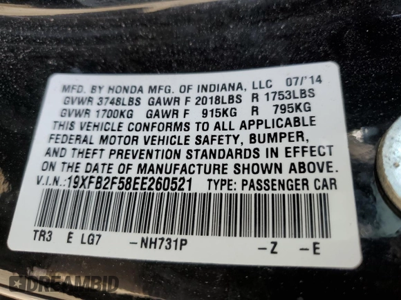 2014 Honda Civic LX z VIN 19XFB2F58EE260521, wystawiony jako Copart lot #55211935 z przebiegiem 184 439 mil mil oraz Szkoda całkowita • Salvage title. Historia ofert i sprzedaży dostępna na DreamBid. Obrazek 12.