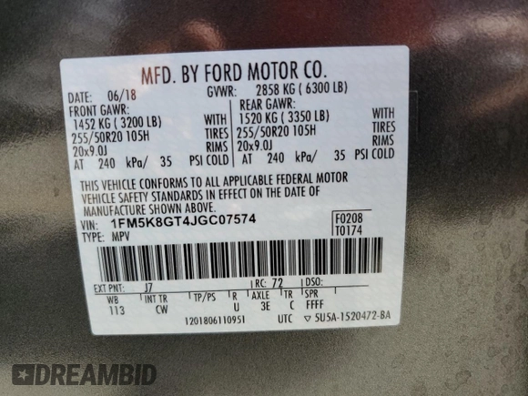 2018 Ford Explorer Sport with VIN 1FM5K8GT4JGC07574, listed as a Copart auction lot 72860404 with 18,563 mi miles and Salvage title. Bid and sale history available at DreamBid. Image 13.