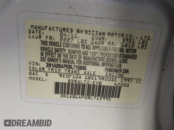 2011 Nissan Sentra 2.0 with VIN 3N1AB6AP0BL715995, listed as a IAAI auction lot 41216406 with 187,697 mi miles and . Bid and sale history available at DreamBid. Image 9.