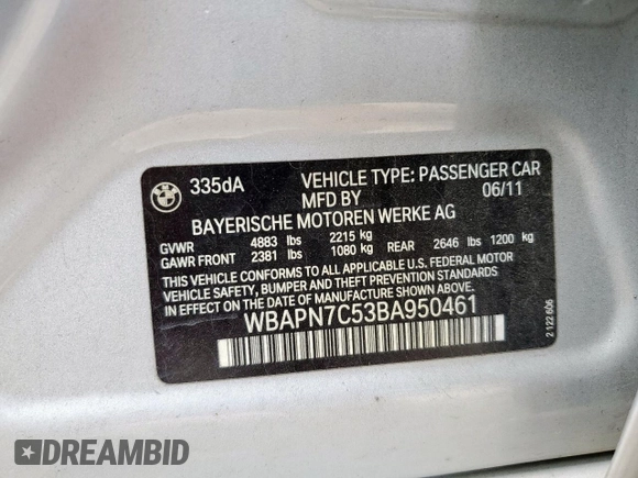 2011 BMW 3 Series 335d with VIN WBAPN7C53BA950461, listed as a Copart auction lot 61585175 with 80,497 mi miles and Salvage title. Bid and sale history available at DreamBid. Image 12.