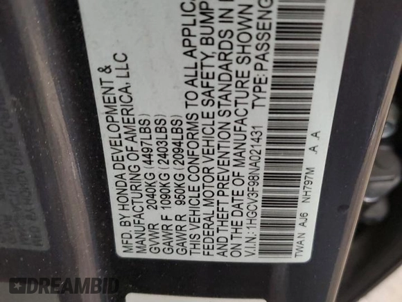 2022 Honda Accord Touring with VIN 1HGCV3F98NA021431, listed as a Copart auction lot 57665635 with 39,516 mi miles and Salvage title. Bid and sale history available at DreamBid. Image 12.