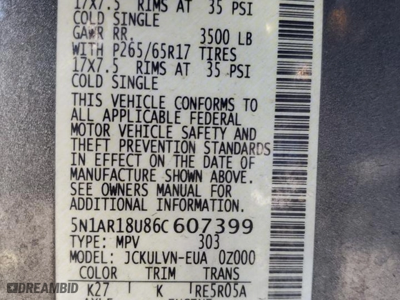 2006 Nissan Pathfinder SE with VIN 5N1AR18U86C607399, listed as a Copart auction lot 47260915 with 252,913 mi miles and Salvage Title. Bid and sale history available at carsss.com. Image 13.