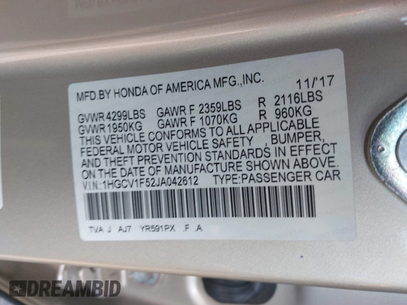 2018 Honda Accord EX-L z VIN 1HGCV1F52JA042612, wystawiony jako IAAI lot #41974075 z przebiegiem 75 569 mil mil oraz . Historia ofert i sprzedaży dostępna na DreamBid. Obrazek 9.