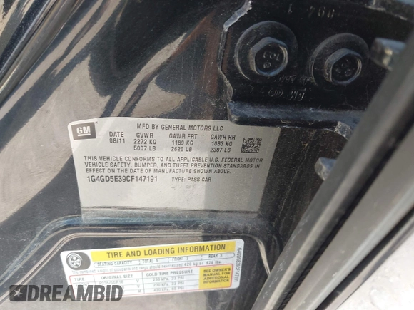 2012 Buick LaCrosse Premium 1 with VIN 1G4GD5E39CF147191, listed as a IAAI auction lot 42572618 with 168,992 mi miles and . Bid and sale history available at DreamBid. Image 9.