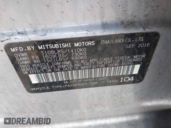 2017 Mitsubishi Mirage ES with VIN ML32F3FJ4HHF12680, listed as a IAAI auction lot 41467148 with 49,089 mi miles and . Bid and sale history available at DreamBid. Image 9.