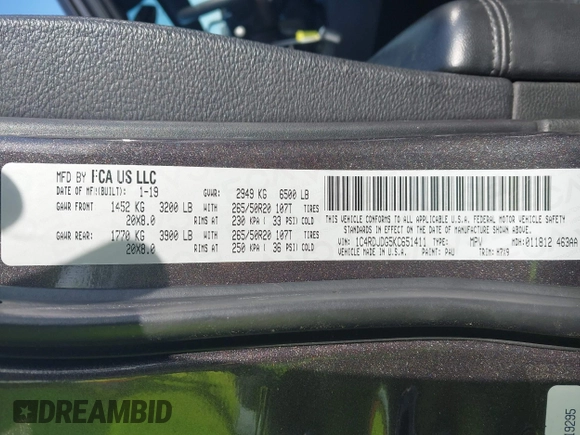 2019 Dodge Durango GT z VIN 1C4RDJDG5KC651411, wystawiony jako IAAI lot #42056540 z przebiegiem 193 042 mil mil oraz . Historia ofert i sprzedaży dostępna na DreamBid. Obrazek 9.
