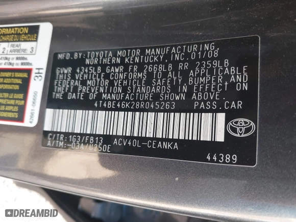2008 Toyota Camry LE with VIN 4T4BE46K28R045263, listed as a IAAI auction lot 41959989 with 266,048 mi miles. Bid and sale history available at carsss.com. Image 9.
