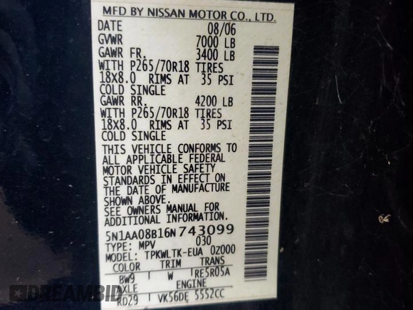2006 Nissan Armada LE с VIN 5N1AA08B16N743099, выставлен на аукционе Copart как лот 42872525 с пробегом 203 650 миль миль и Списание • Salvage title. История ставок и продаж доступна на DreamBid. Изображение 15.