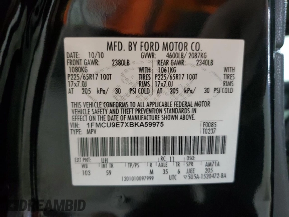 2011 Ford Escape Limited with VIN 1FMCU9E7XBKA59975, listed as a Copart auction lot 47483854 with 134,137 mi miles and Salvage Title. Bid and sale history available at DreamBid. Image 12.