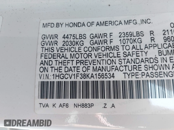 2019 Honda Accord Sport with VIN 1HGCV1F38KA156534, listed as a IAAI auction lot 42472023 with 66,752 mi miles and . Bid and sale history available at DreamBid. Image 9.