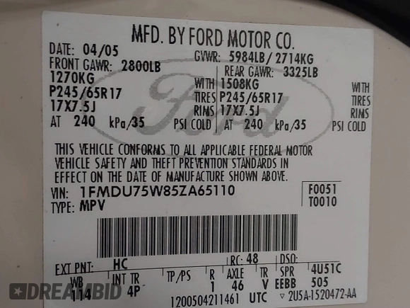 2005 Ford Explorer Limited с VIN 1FMDU75W85ZA65110, выставлен на аукционе IAAI как лот 41225580 с пробегом 154 125 миль миль и . История ставок и продаж доступна на DreamBid. Изображение 9.