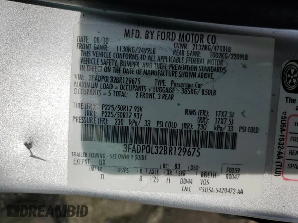 2011 Ford Fusion Hybrid with VIN 3FADP0L32BR129675, listed as a Copart auction lot 60911265 with 200,193 mi miles and Salvage title. Bid and sale history available at DreamBid. Image 12.